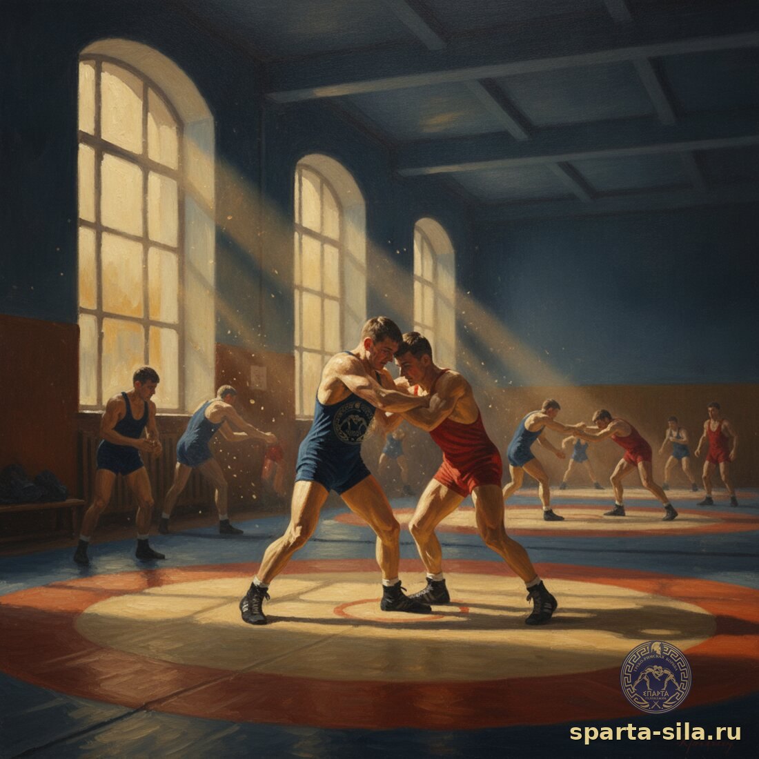 Советская школа борьбы — тренировка борцов-классиков в зале 1950-х годов